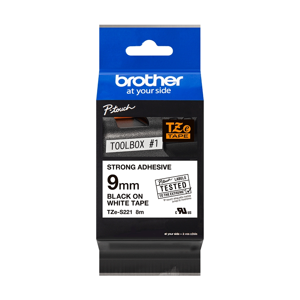 Brother TZeS221 Cinta Laminada Super Adhesiva Original de Etiquetas - Texto negro sobre fondo blanco - Ancho 9mm x 8 metros