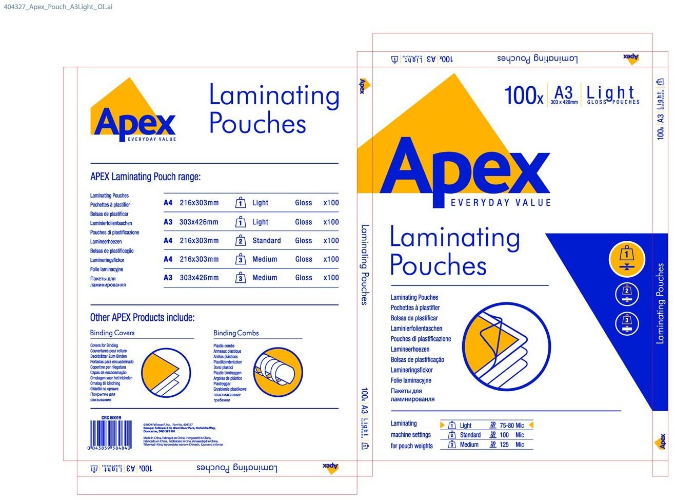 Fellowes Apex Pack de 100 Fundas para Plastificar Brillo A3 - 75 Micras - Alta Calidad - Transparente