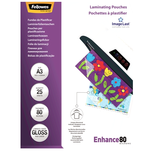 Fellowes Pack de 25 Fundas para Plastificar Brillo A3 - 80 Micras - Alta Calidad - Transparente