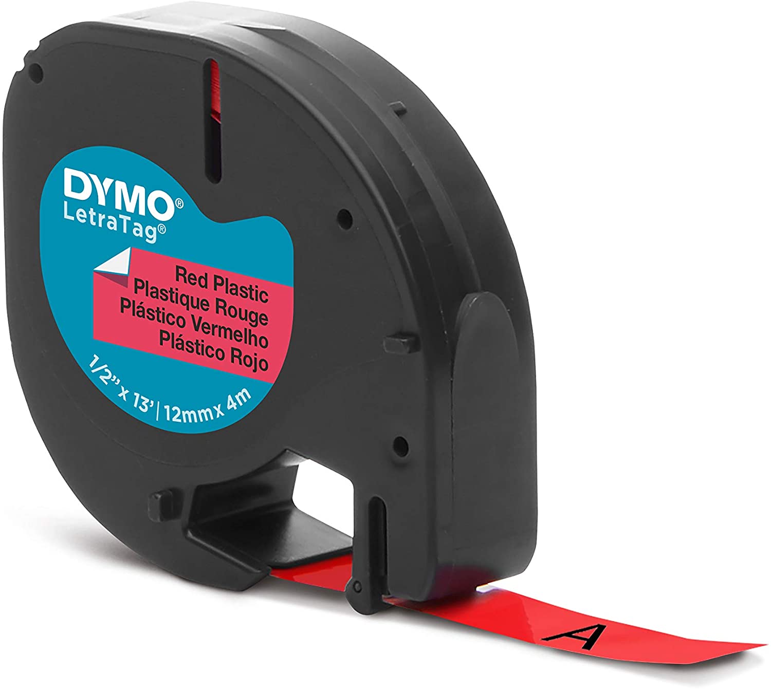 Dymo LetraTag S0721630 Cinta de Etiquetas Original para Rotuladora - Texto negro sobre fondo rojo - Ancho 12mm x 4 metros (91203)