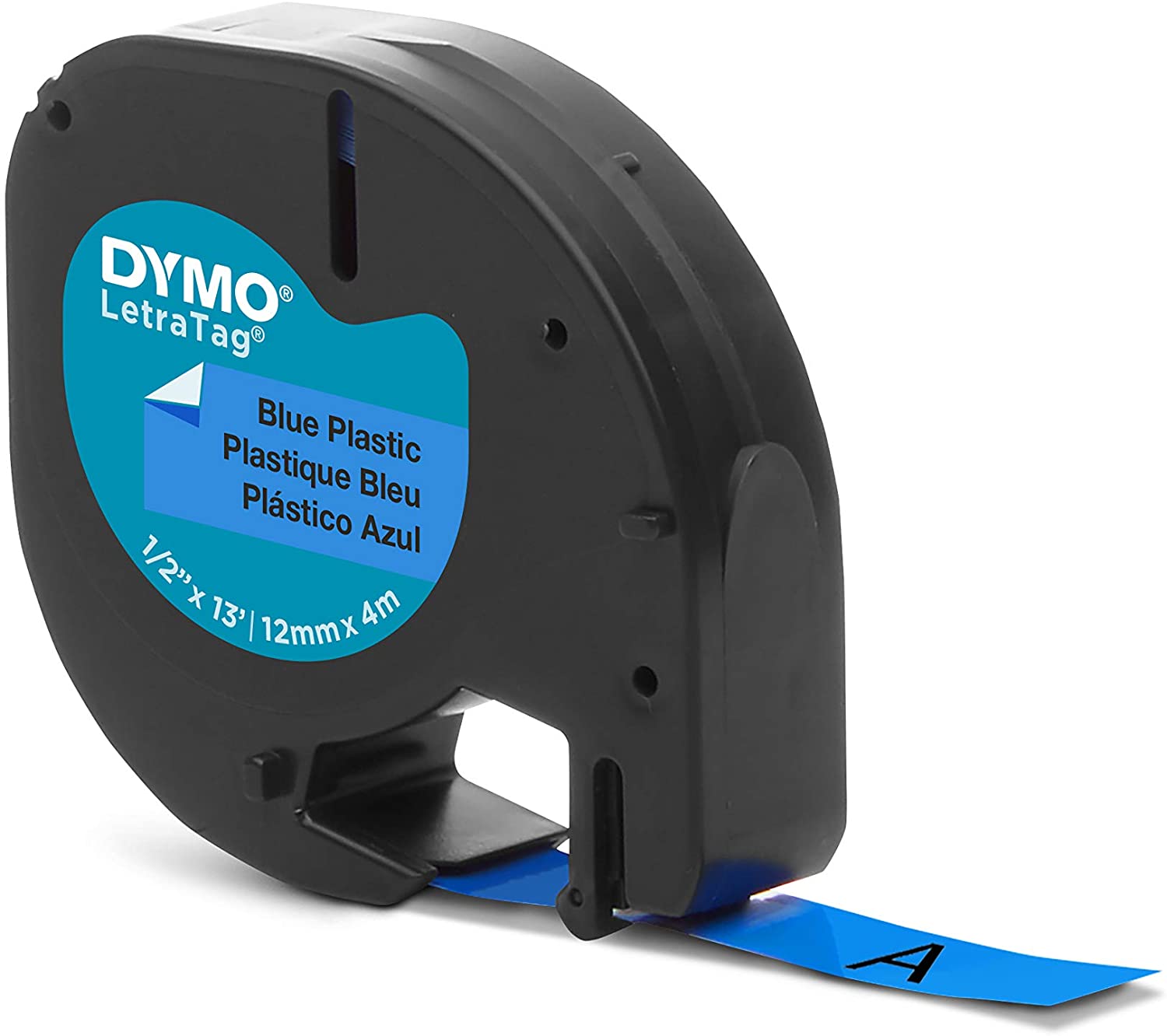 Dymo LetraTag S0721650 Cinta de Etiquetas Original para Rotuladora - Texto negro sobre fondo azul - Ancho 12mm x 4 metros (91205)