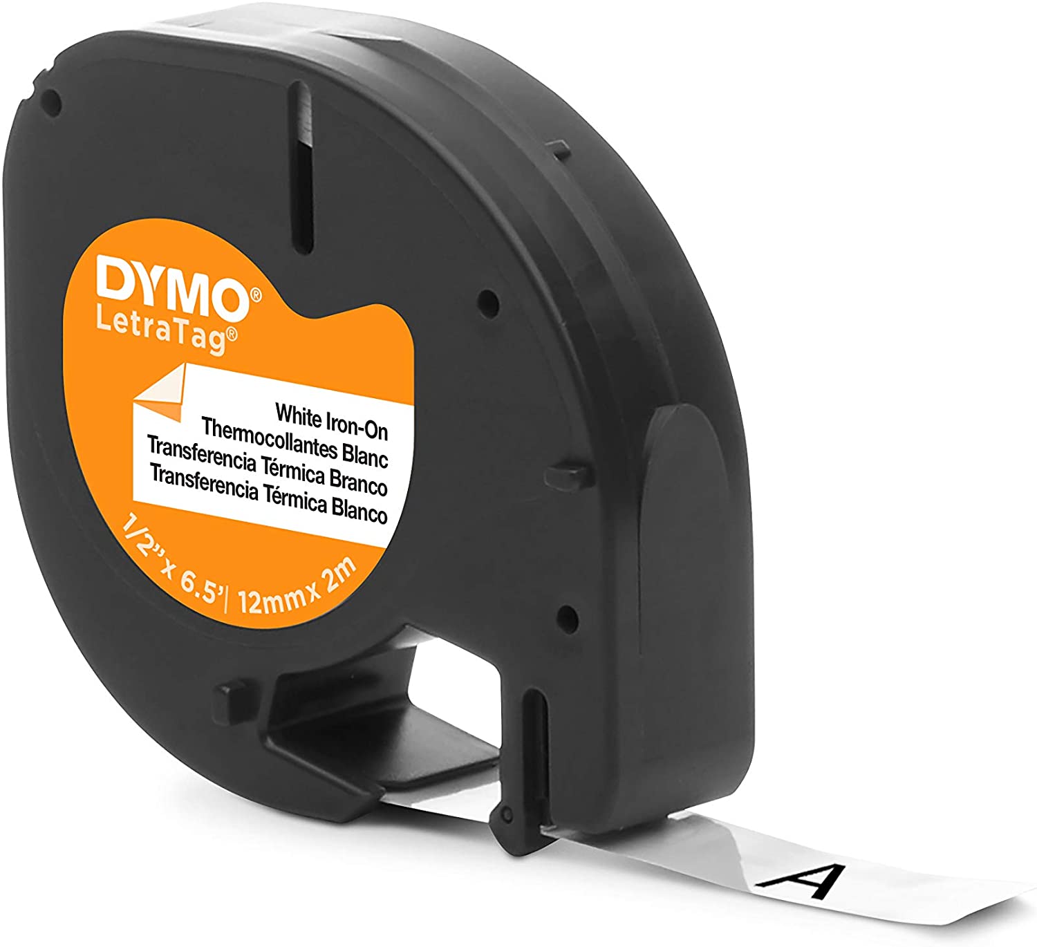 Dymo LetraTag S0718850 Cinta de Etiquetas Textiles de adhesion por plancha Original para Rotuladora - Texto negro sobre fondo blanco - Ancho 12mm x 2 metros (18769)