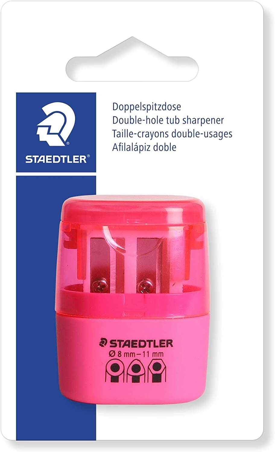 Staedtler Sacapuntas Doble Uso con Deposito - 2 Agujeros - De 8.2mm hasta 10.2mm - Color Rosa Neon
