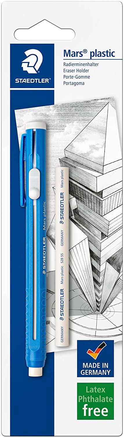 Staedtler Mars Plastic 528 50 Pack de 1 Portagomas en Forma de Lapiz + 1 Goma de Repuesto - Con Cursor para Deslizar la Goma - Sin Ftalatos ni Latex