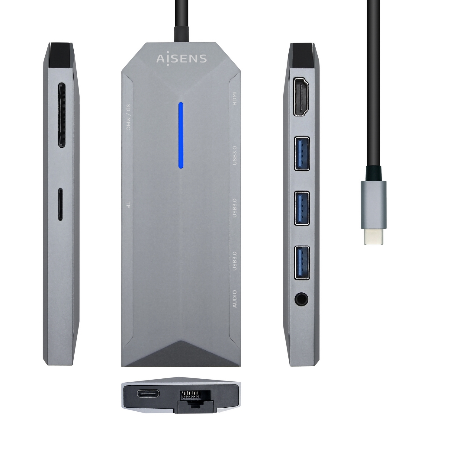 Aisens Dock 9 en 1 Hub USB-C 3.0 con 3x USB-A 3.0, 1x HDMI 1x RJ45, 1x PD 100W, 1x Audio 3.5mm, 1x Lector SD, 1x Lector MicroSD - Carcasa de Aluminio - Cable de 0.15m