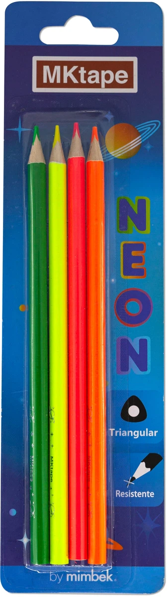 MKtape Pack de 4 Lapices Triangulares de Colores - Mina de 3,0mm - Resistencia a la Rotura - Colores Neon