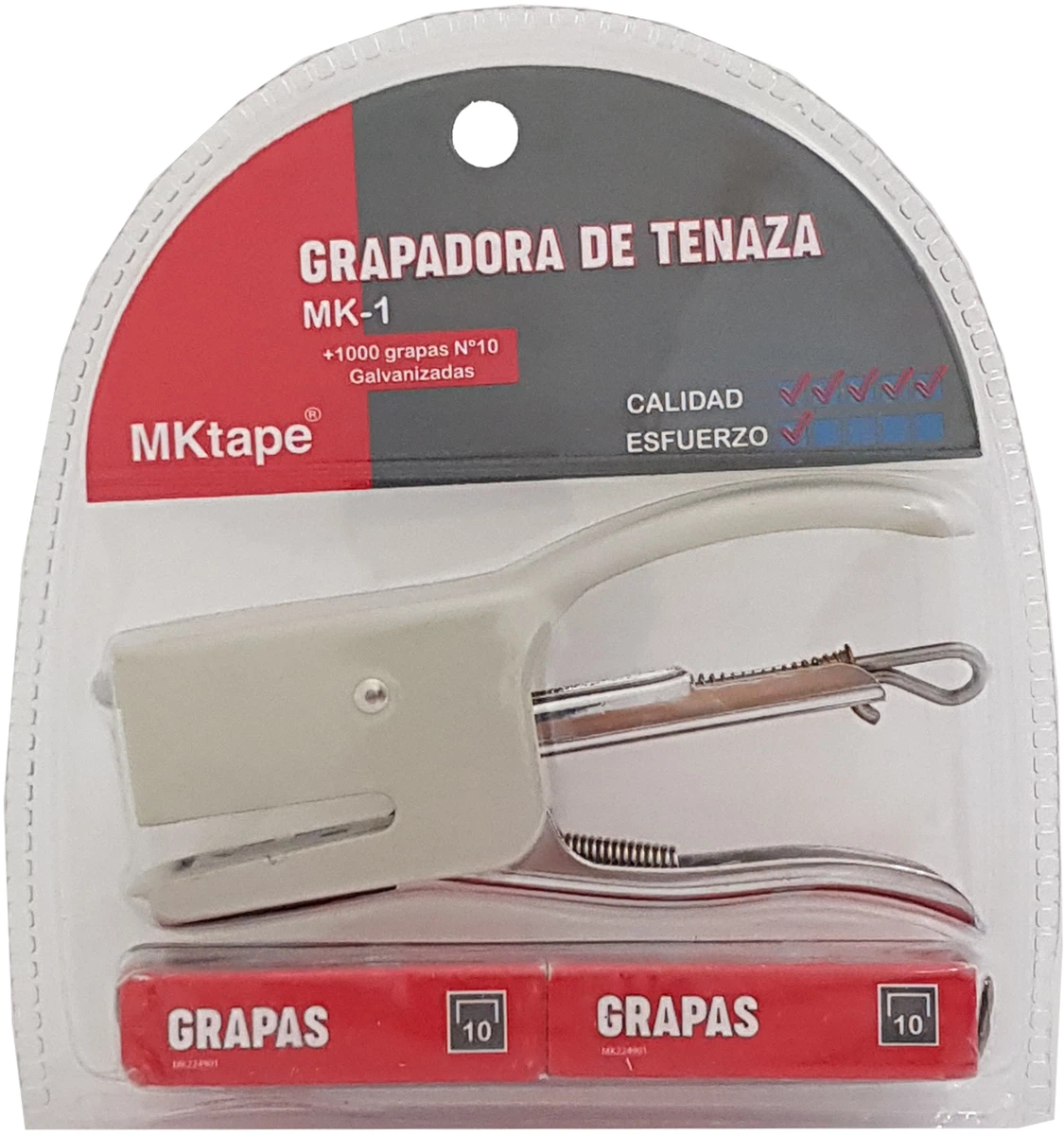 MKtape MK1 Pack de Grapadora de Tenaza Mini + 1000 Grapas Nº 10 - Hasta 12 Hojas - Color Blanco