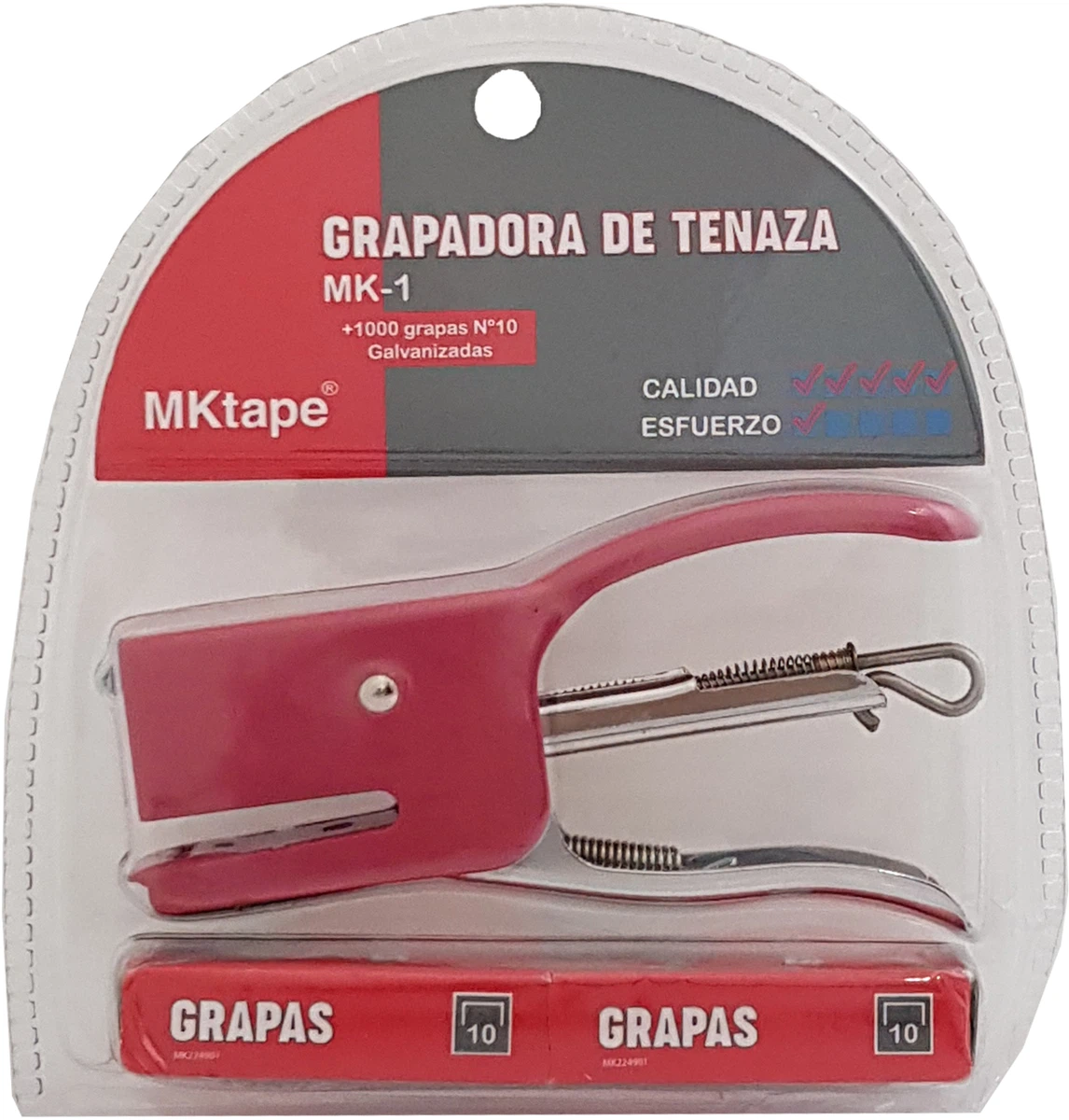 MKtape MK1 Pack de Grapadora de Tenaza Mini + 1000 Grapas Nº 10 - Hasta 12 Hojas - Color Rojo