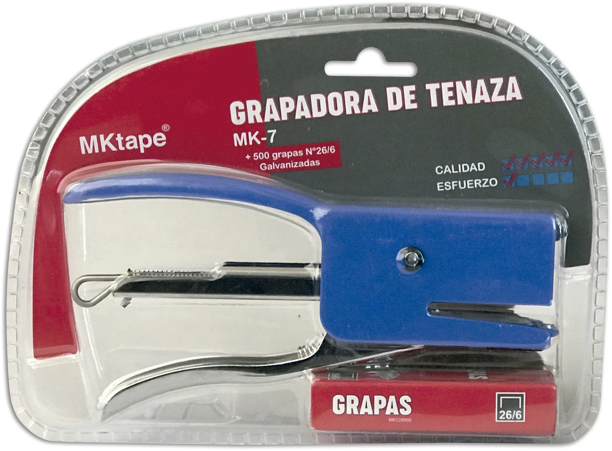 MKtape MK7 Pack de Grapadora de Tenaza + 500 Grapas Nº 26/6 - Hasta 20 Hojas - Color Azul
