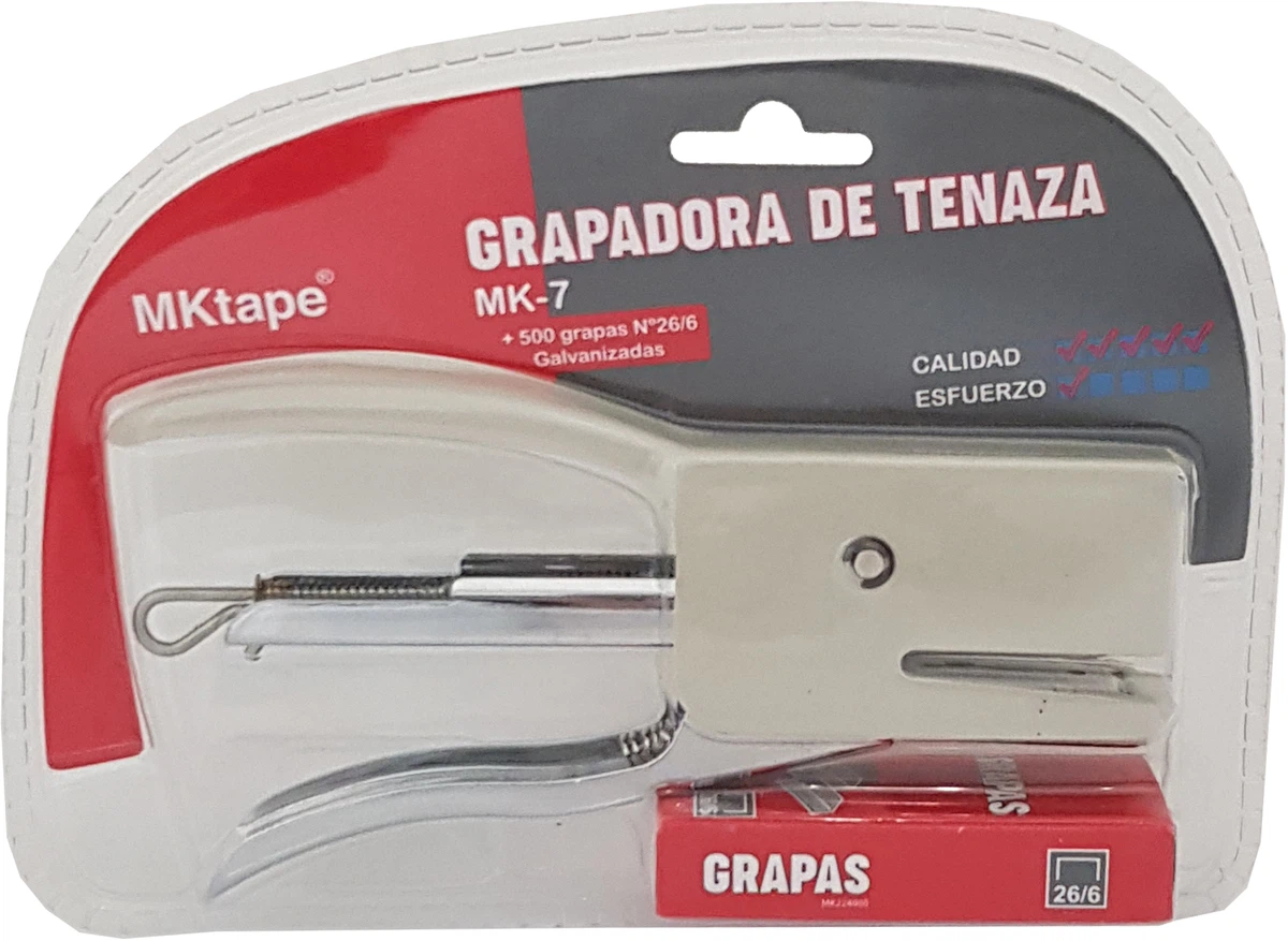 MKtape MK7 Pack de Grapadora de Tenaza + 500 Grapas Nº 26/6 - Hasta 20 Hojas - Color Blanco