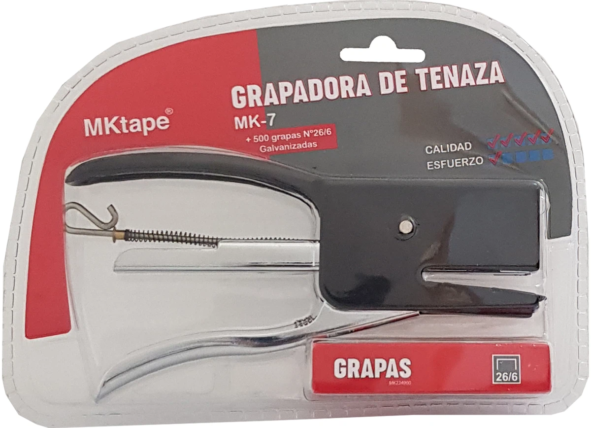 MKtape MK7 Pack de Grapadora de Tenaza + 500 Grapas Nº 26/6 - Hasta 20 Hojas - Color Negro