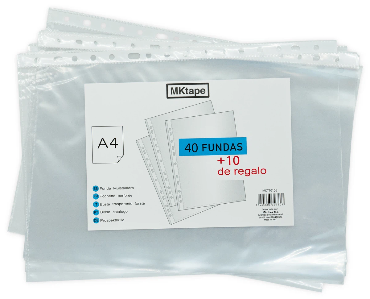 MKtape Pack de 50 Fundas Multitaladro Portadocumentos - Formato A4 - 0.5 Micras - Color Transparente