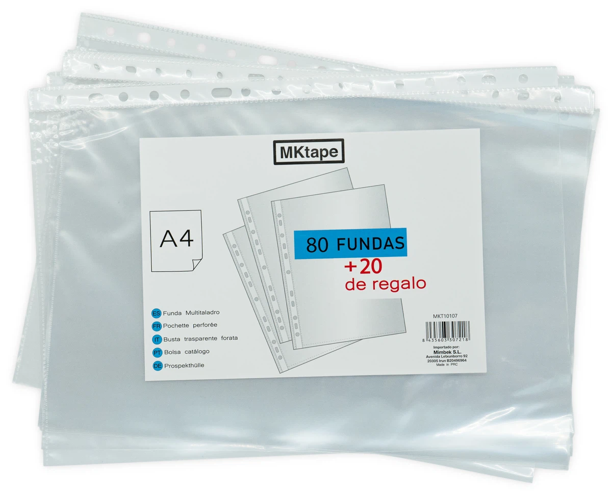 MKtape Pack de 100 Fundas Multitaladro Portadocumentos - Formato A4 - 0.5 Micras - Color Transparente