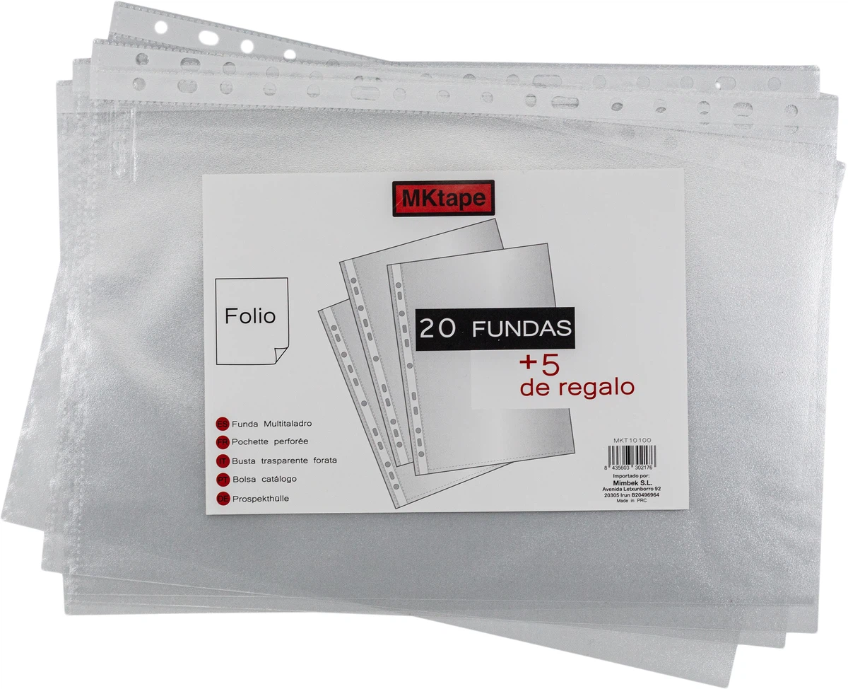MKtape Pack de 25 Fundas Multitaladro Portadocumentos - Formato Folio - 0.5 Micras - Color Transparente