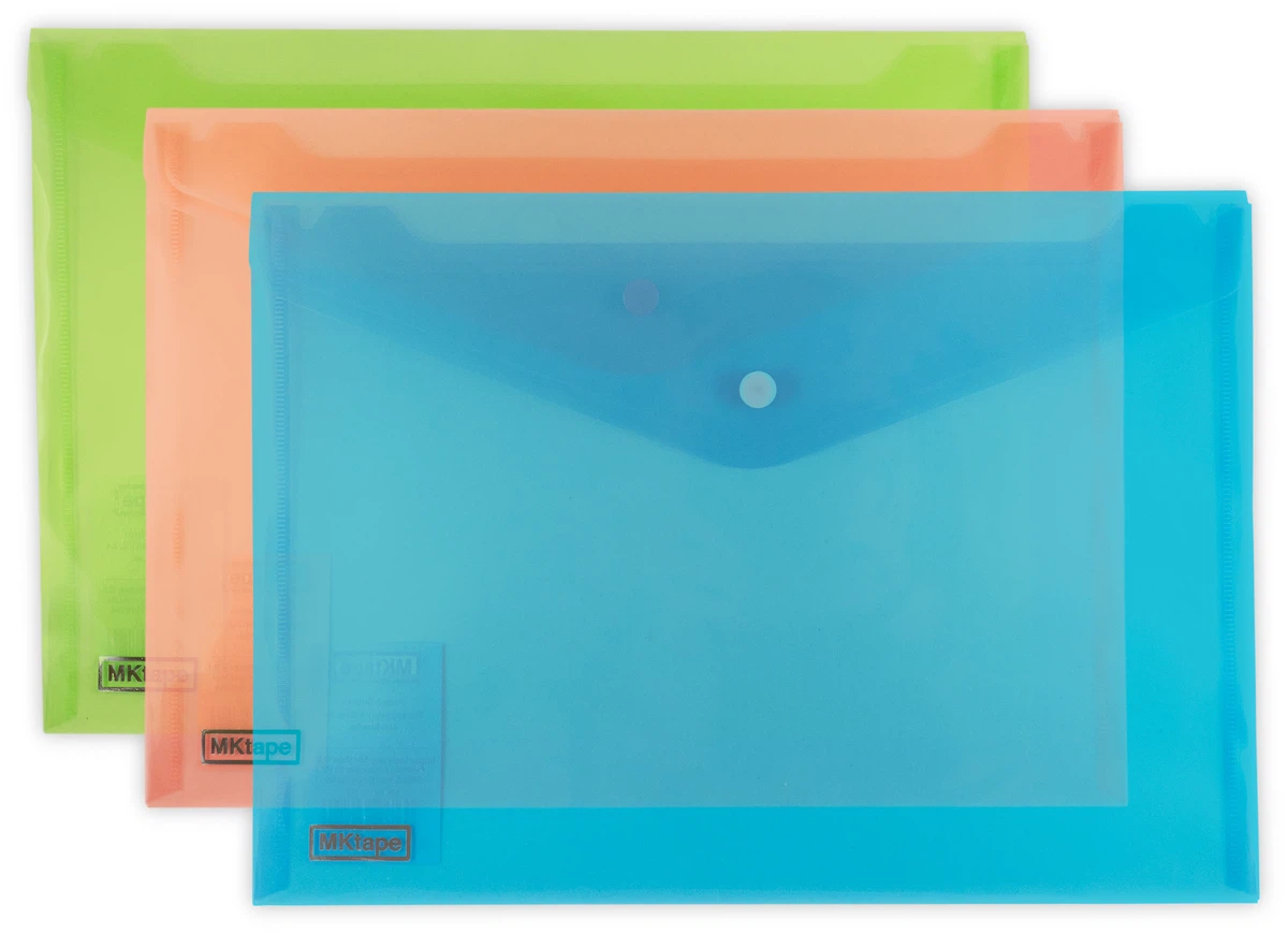 MKtape Pack de 3 Sobres Portadocumentos con Broche - Plastico - Tamao A4 - Colores Surtidos