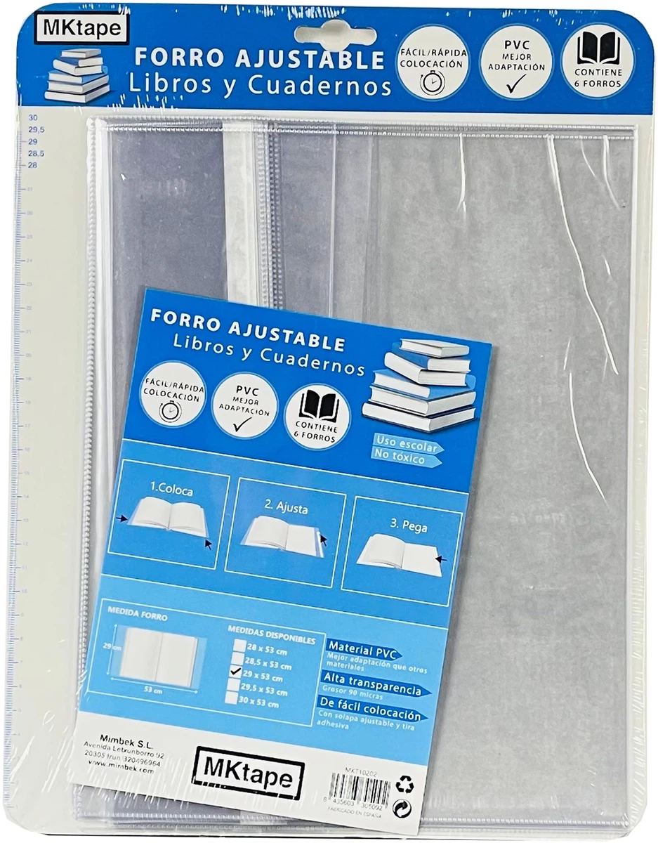 MKtape Pack de 6 Forros de Libro con Solapa Ajustable y Tira Adhesiva 28.5cm - Material PVC - Forra en 3 Pasos