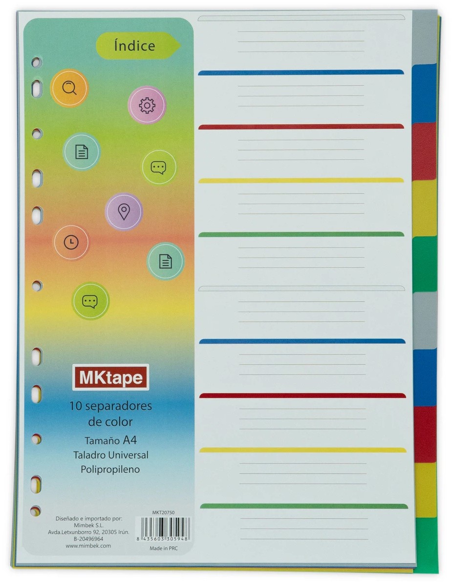 Mktape Pack de 10 Separadores - Tamao A4 - Taladros Universales - Fabricado en Propileno - Color Variados
