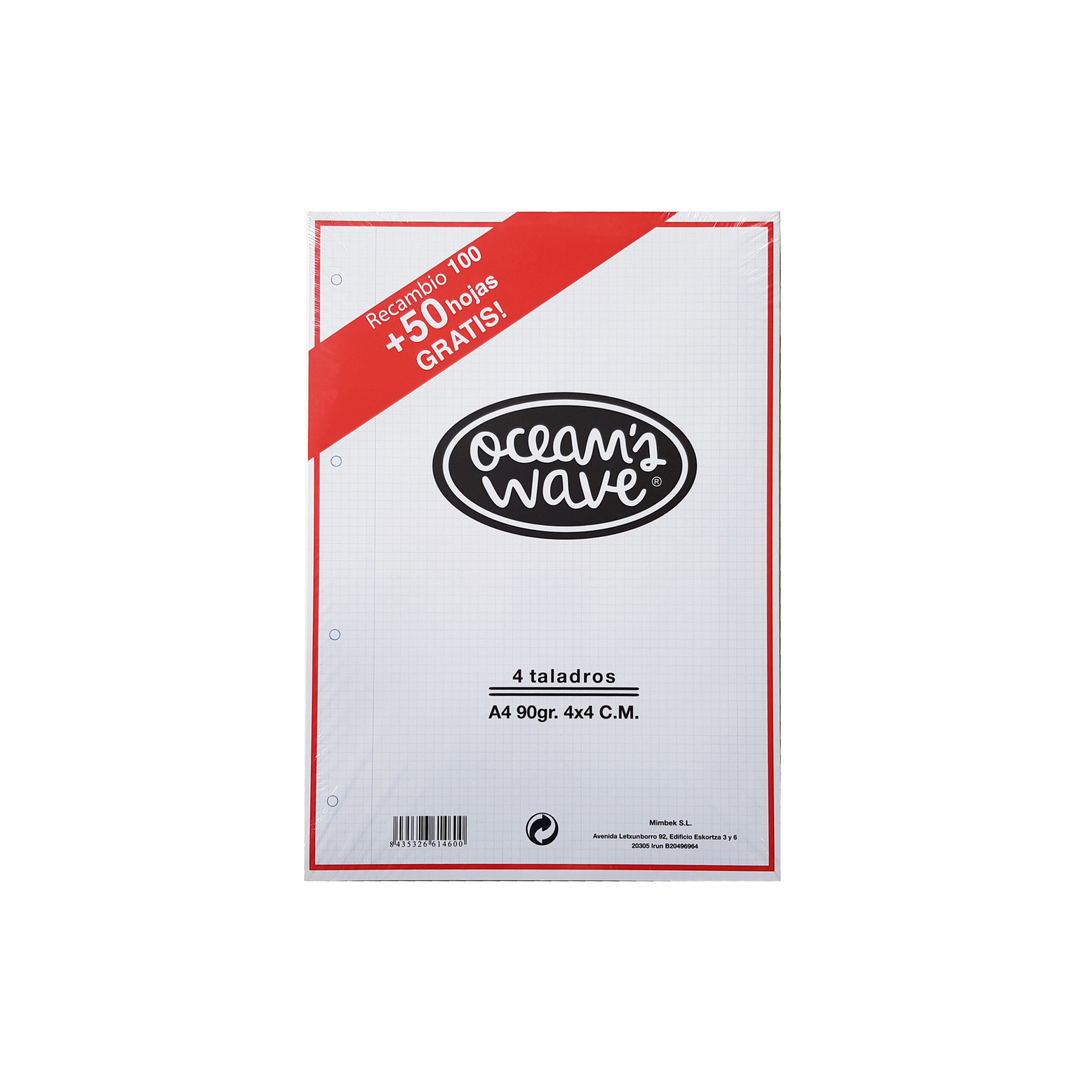 Oceans Wave Pack de 100 Hojas Cuadriculadas con 4 Taladros A4 90gr + 50 Gratis - Cuadricula 4x4 - Color Blanco