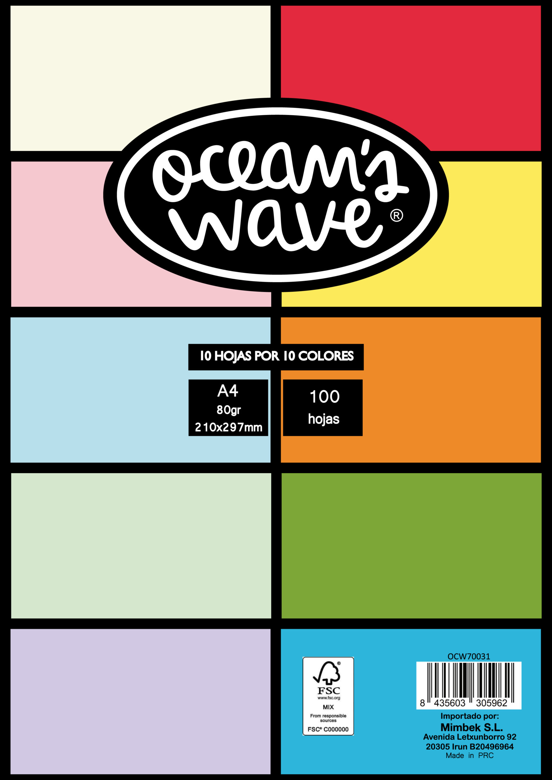 Oceans Wave Pack de 100 Hojas de Colores A4 80gr - Colores Surtidos