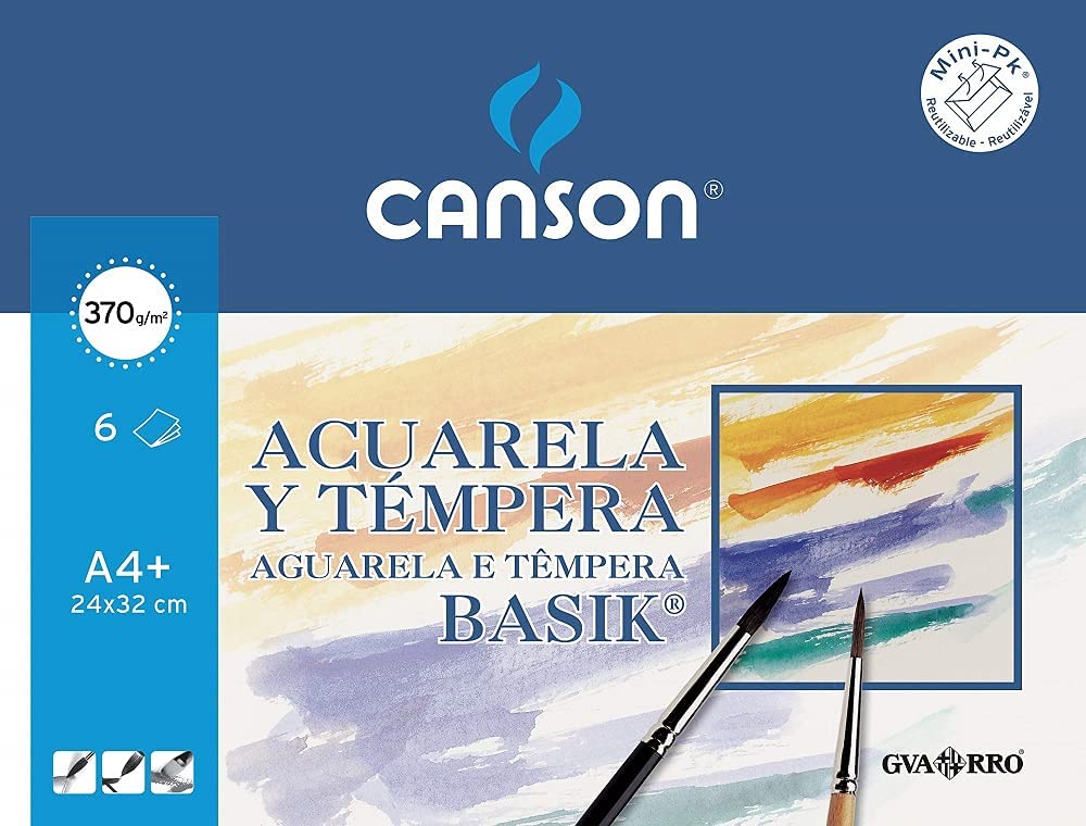 Canson Acuarela Basik Minipack de 6 Hojas A4+ - 24x32cm - 370g - Color Blanco