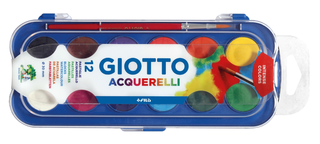 Giotto Estuche de 12 Acuarelas de 30mm + Pincel - Colores Brillantes, Intensos y Vivos - Muy Cubrientes - Colores Surtidos