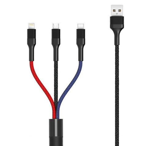 XO Cable Trenzado USB-A Macho a USB-C, MicroUSB y Lightning - Carga Rapida 2A - Longitud 1.20m