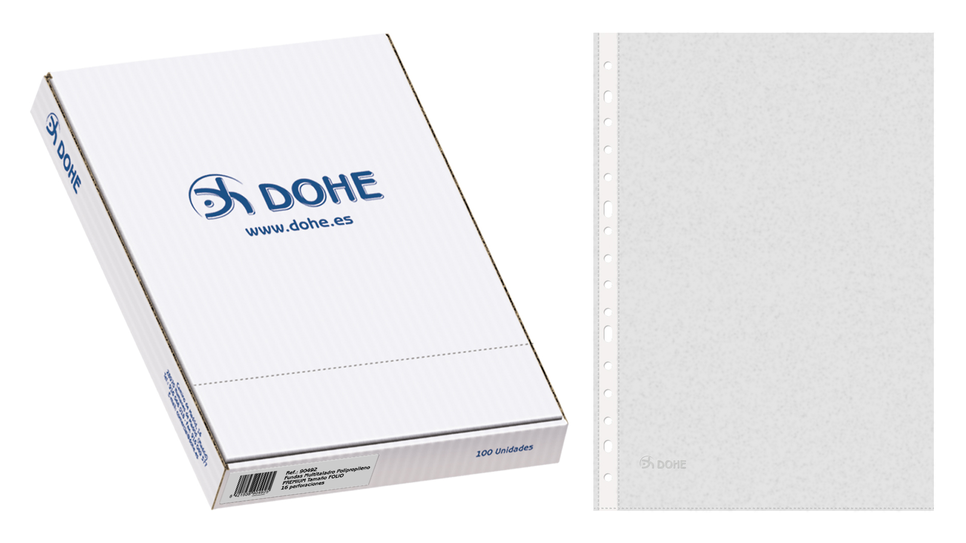 Dohe Caja de 100 Fundas Multitaladro Premium 80 Micras - Formato Folio - 16 Perforaciones - Transparentes