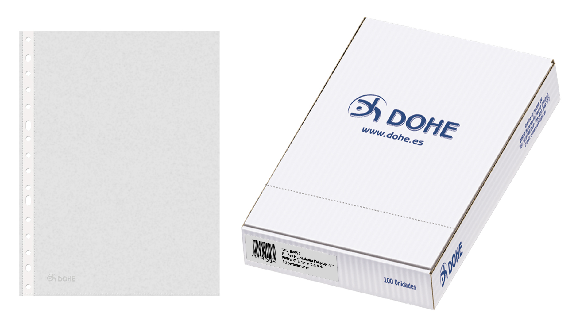 Dohe Caja de 100 Fundas Multitaladro Premium 80 Micras - Formato A4 - 16 Perforaciones - Transparentes