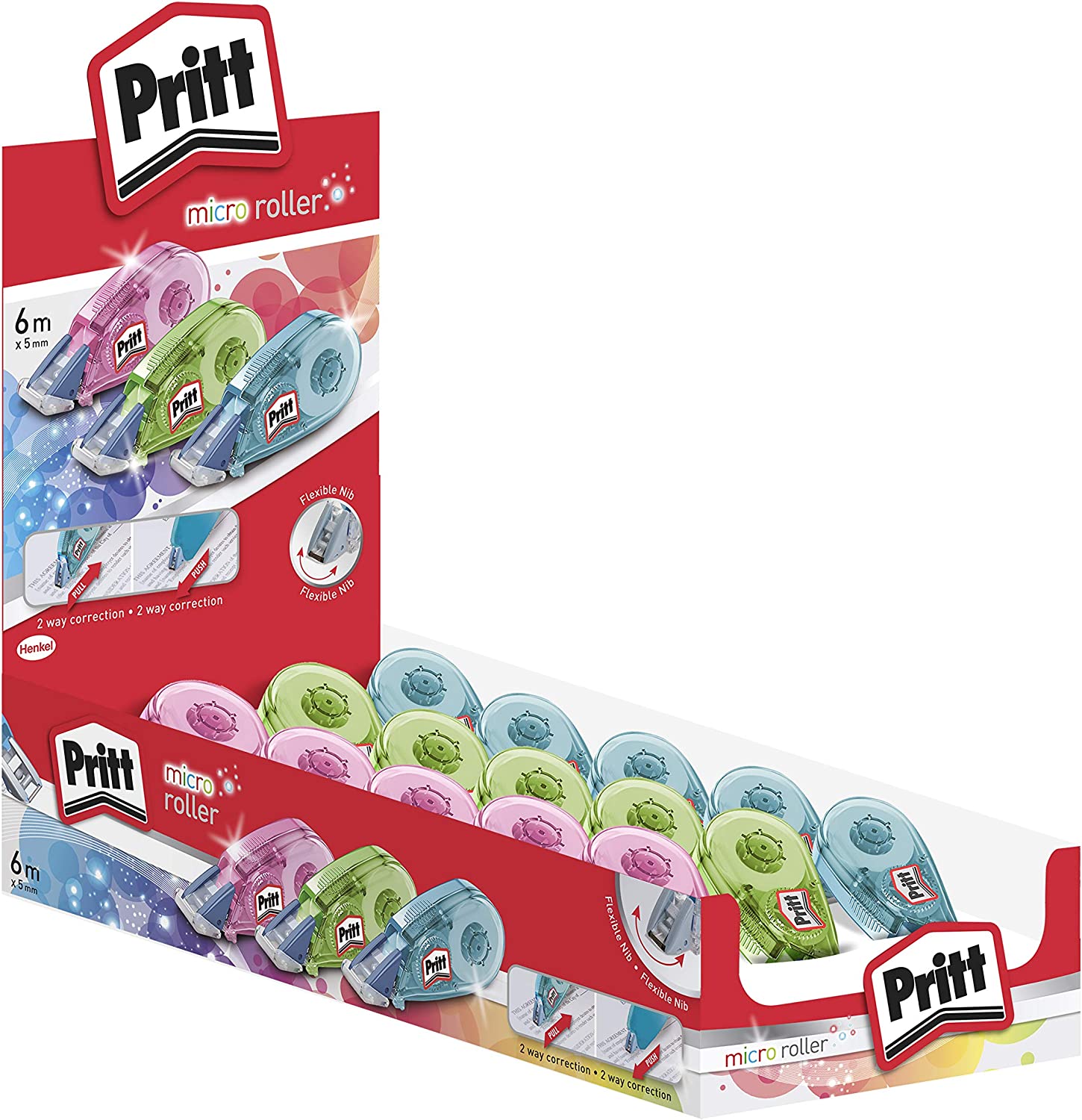 Pritt Micro Roller Expositor de 15 Cintas Correctora 5mm x 6m - Aplicacion Limpia - Preciso - Reciclable