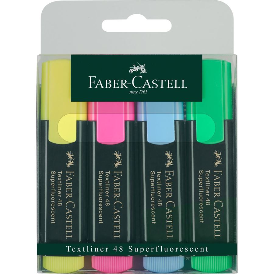 Faber-Castell Pack de 4 Rotuladores Marcadores Fluorescentes Textliner 48 - Punta Biselada - Trazo entre 1.2mm y 5mm - Tinta con Base de Agua - Colores Surtidos