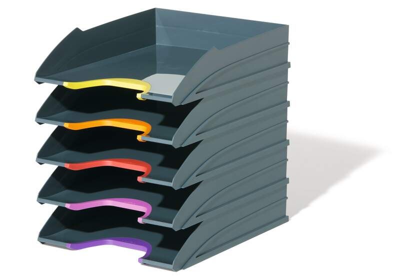 Durable Varicolor Tray Set A4 Juego de 5 Bandejas Portadocumentos - Apilables en Vertical y Escalonadamente - Zonas de Agarre en Distintos Colores - Color Gris Oscuro