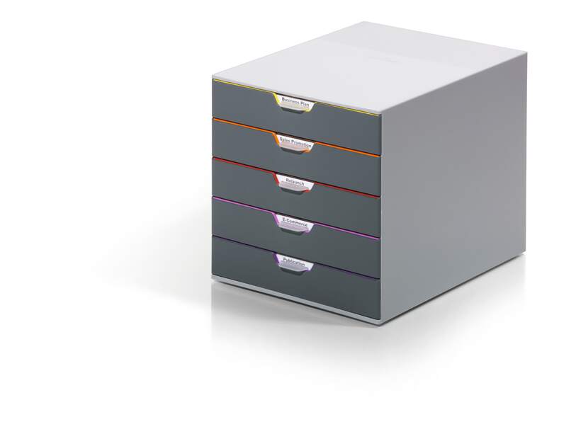 Durable Varicolor 5 Cajonera de 5 Cajones - Deslizamiento Silencioso - Con Ventanas Transparentes de Rotulacion - Bases Antideslizantes - Color Gris