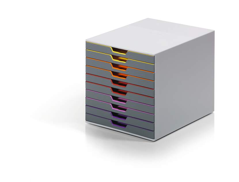 Durable Varicolor 10 Cajonera de 10 Cajones - Deslizamiento Silencioso - Con Ventanas Transparentes de Rotulacion - Bases Antideslizantes - Color Gris