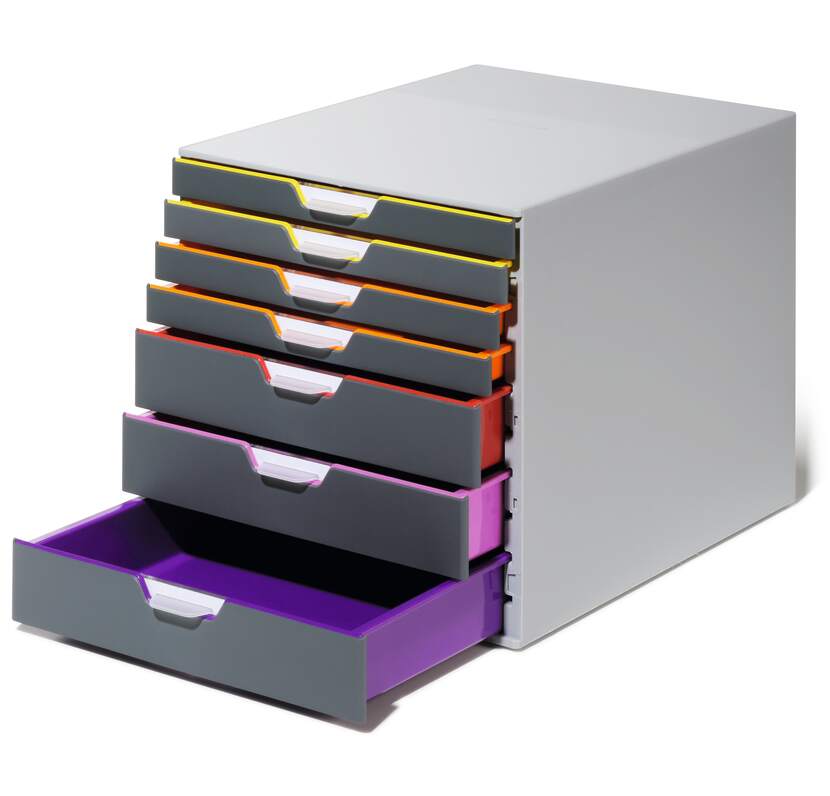 Durable Varicolor 7 Cajonera de 7 Cajones - 3 Cajones Altos y 4 Cajones Bajos - Deslizamiento Silencioso - Con Ventanas Transparentes de Rotulacion - Bases Antideslizantes - Color Gris