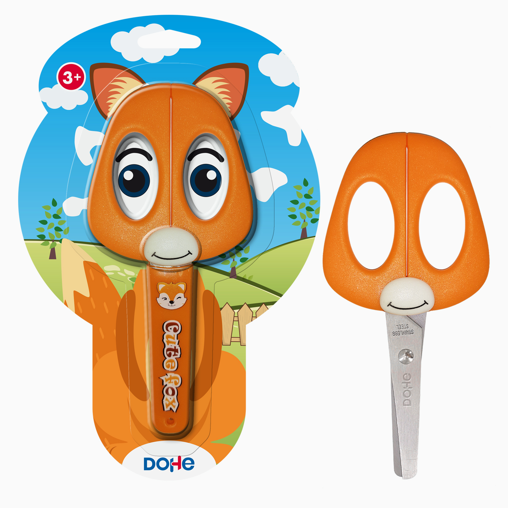 Dohe Tijera Escolar para Nios - Acero Inoxidable - Puntas Redondeadas - Funda para las Hojas - Diseo Zorro