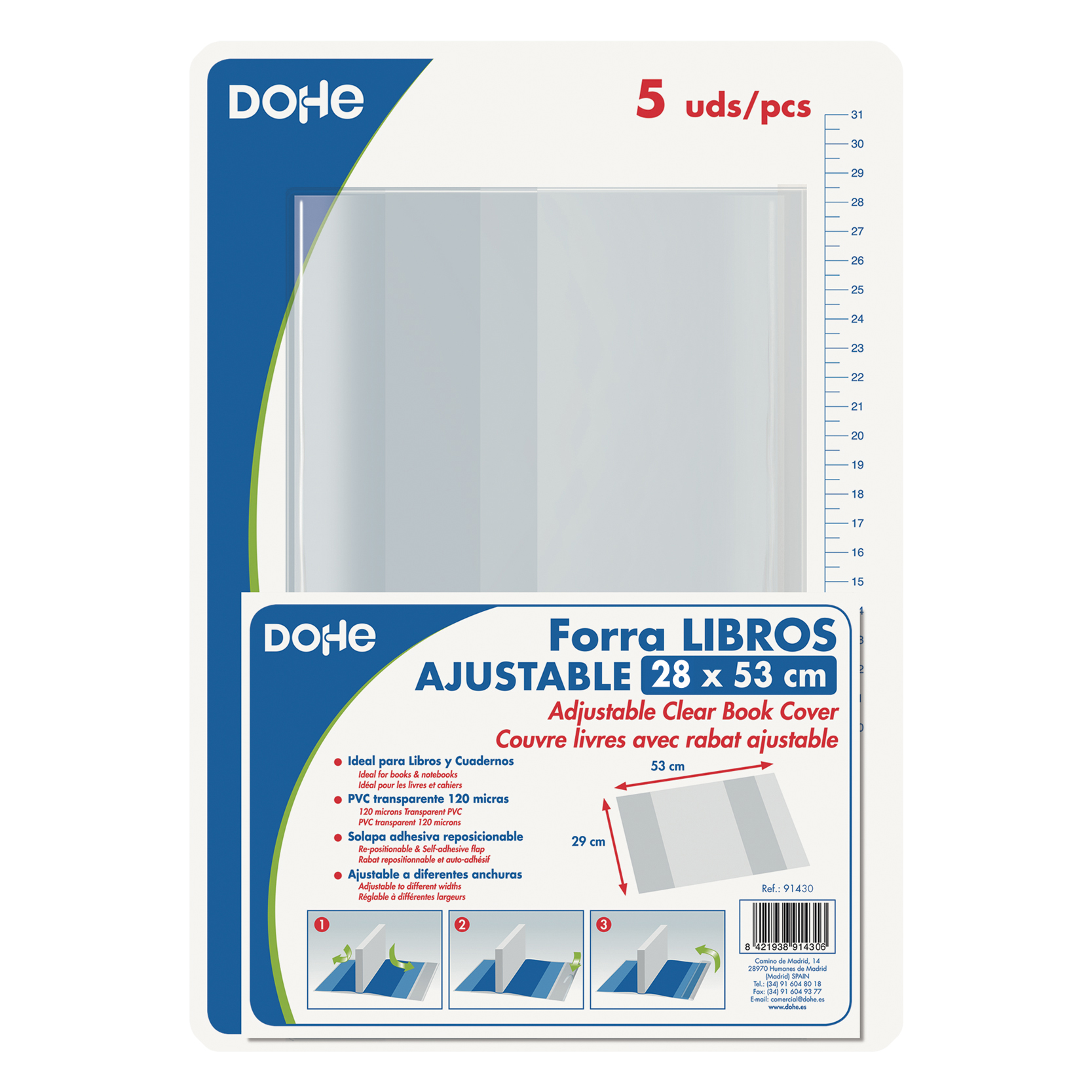 Dohe Pack de 5 Cubiertas Protectoras de Libros - Solapa Adhesiva Reposicionable - Tamao 28x53cm - Material PVC 120 micras