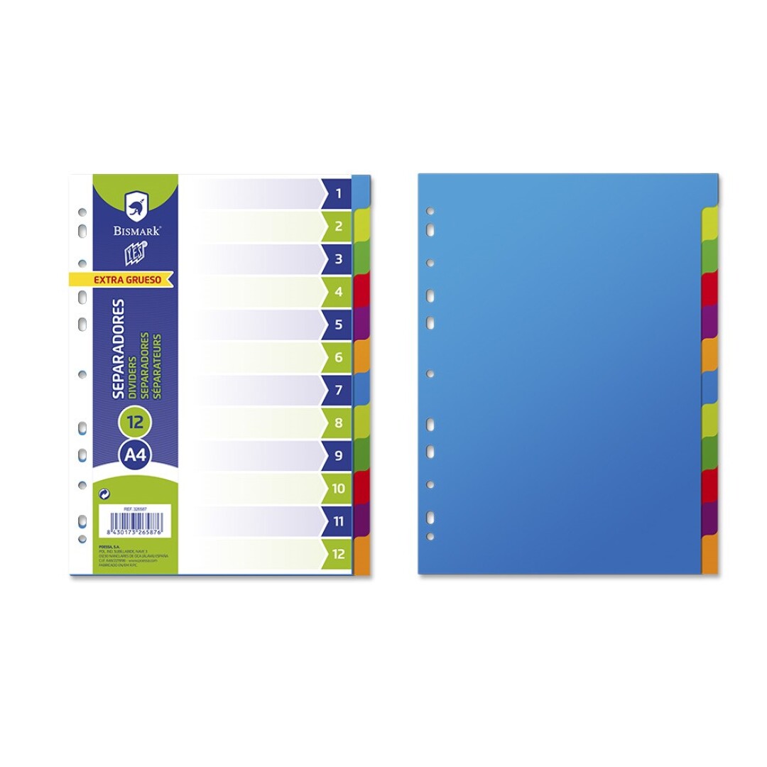 Bismark Pack de 12 Separadores - Tamao A4 - Extragruesos - Fabricado en Propileno - Colores Surtidos