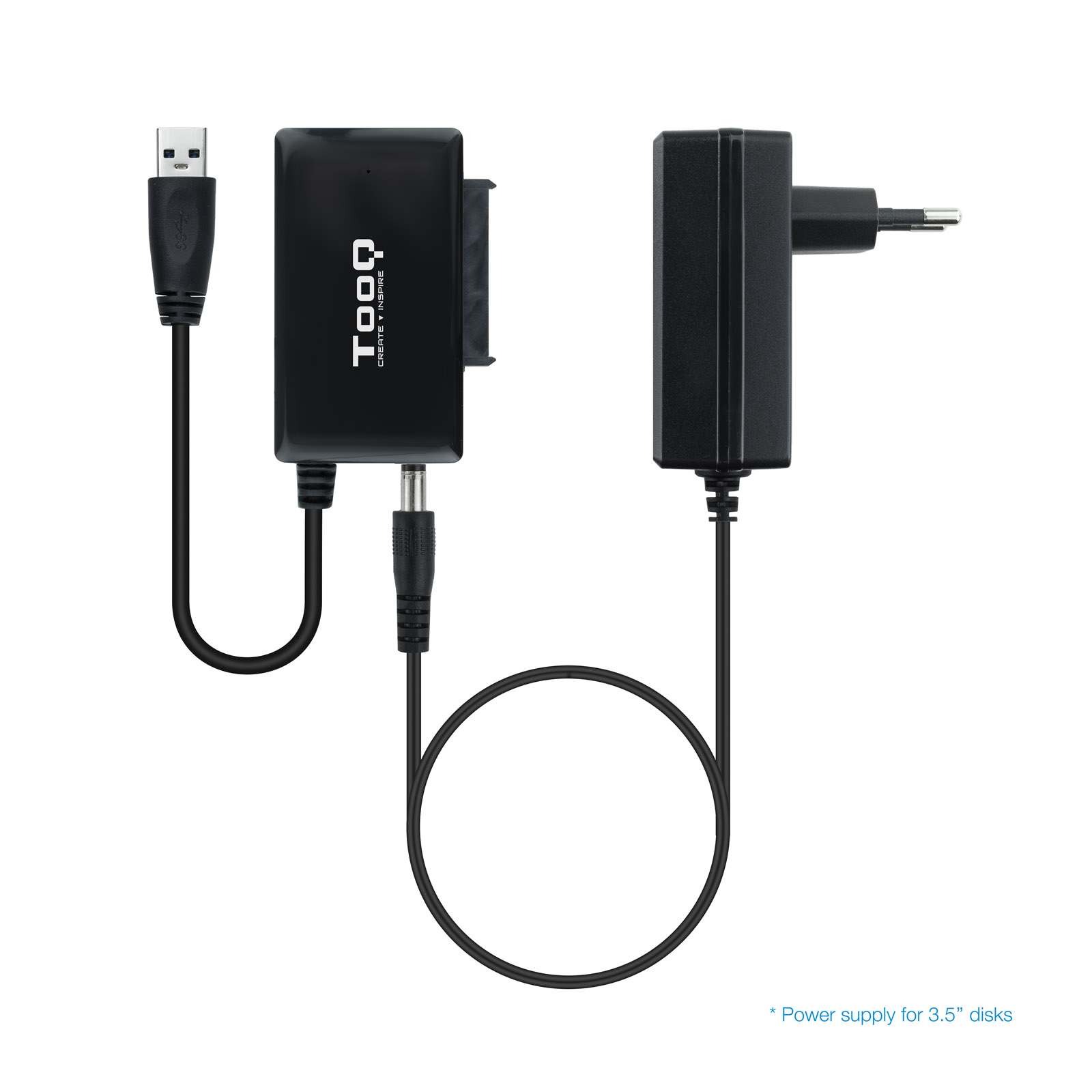 Tooq Adaptador USB 3.0 USB-A a SATA para Discos Duros de 2.5? y 3.5? con Alimentador - Color Negro