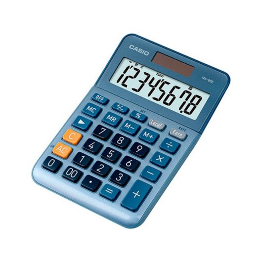 Casio MS80E Calculadora de Escritorio - Tecla Doble Cero - Pantalla LCD de 8 Digitos - Solar y Pilas - Color Azul