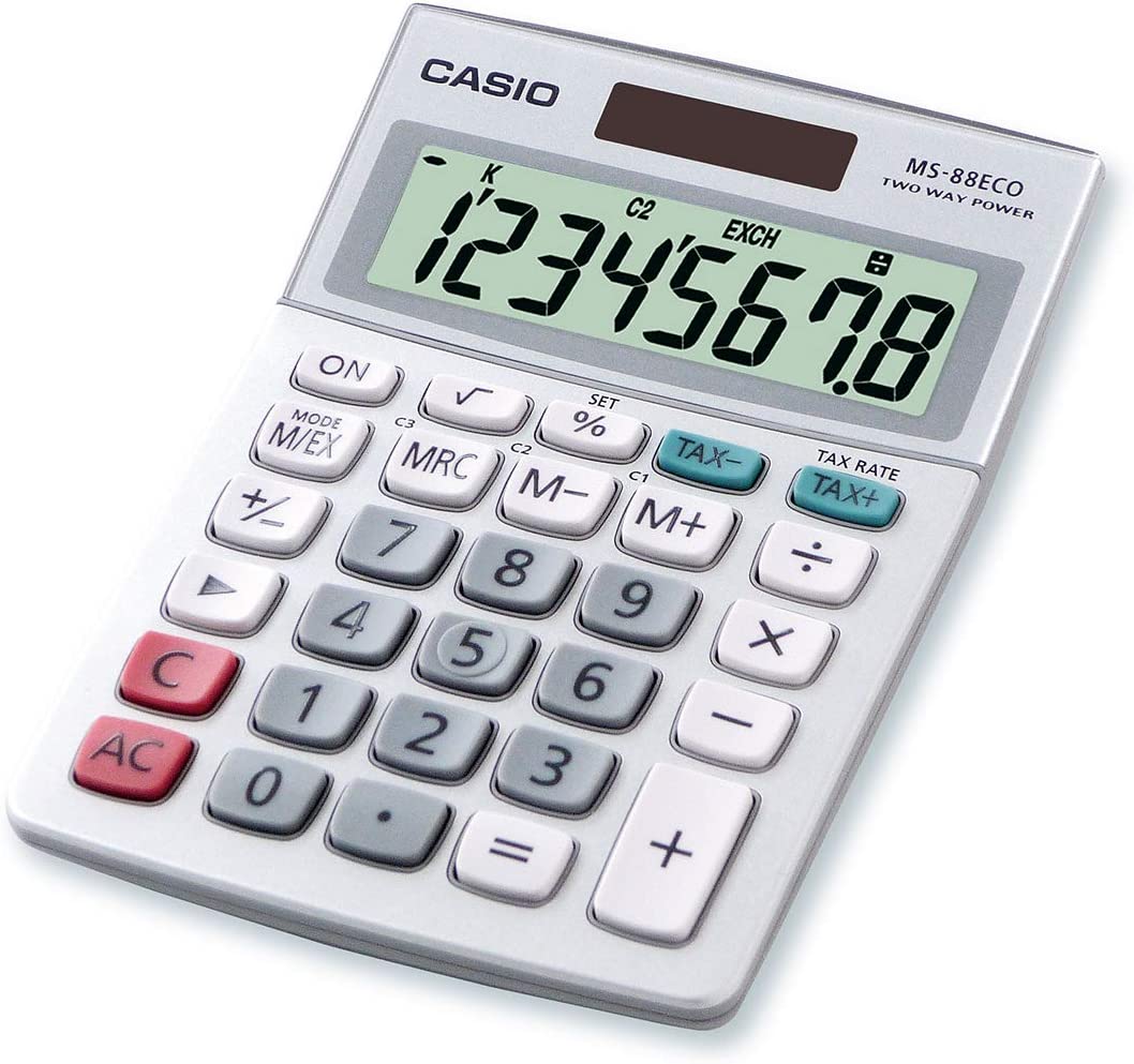 Casio MS88ECO Calculadora de Escritorio Financiera - Conversion de Moneda - Calculo de Impuestos - Pantalla LCD de 8 Digitos - Solar y Pilas