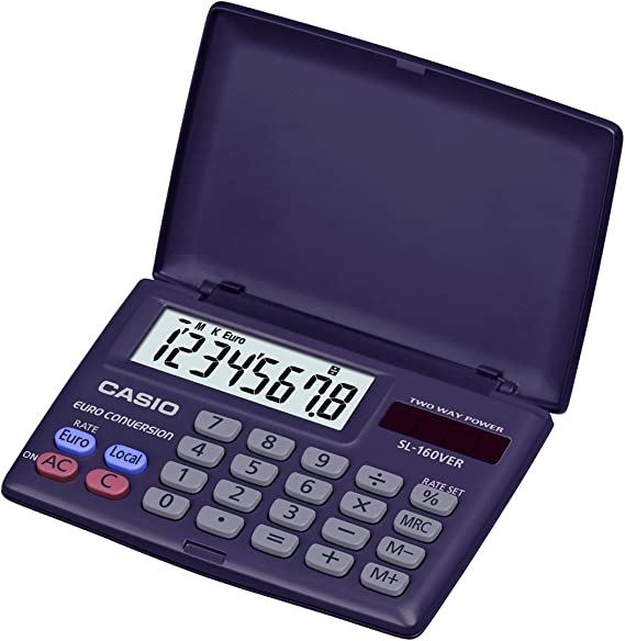 Casio SL160VER Calculadora con Tapa - Formato Horizontal - Funcion Conversor de Euros - Pantalla LCD de 8 Digitos - Solar y Pilas