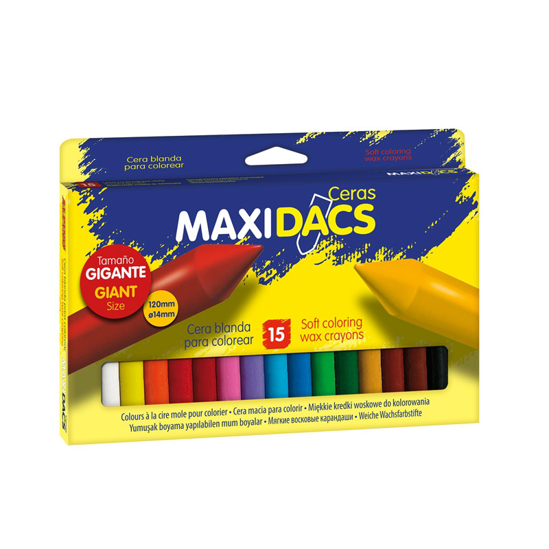 Alpino Maxidacs Pack de 15 Ceras Blandas para Nios - Tamao Extra Grande 120mm x 14mm - Etiqueta Anti-Manchas - Ideal para Grandes Artistas - Colores Surtidos