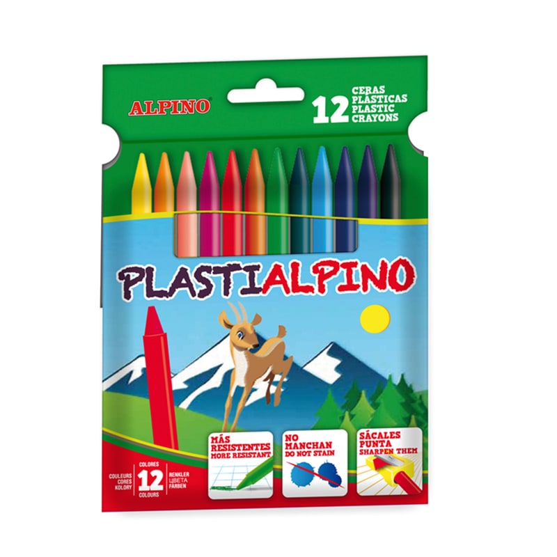 Alpino Pack de 12 Ceras PlastiAlpino para Nios - Material Resistente - No Manchan - Colores Brillantes - Colores Surtidos