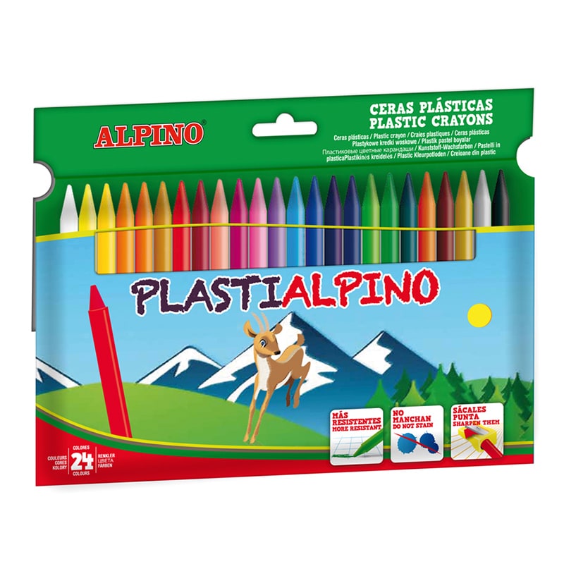 Alpino Pack de 24 Ceras PlastiAlpino para Nios - Material Resistente y No Mancha - Colores Brillantes - Colores Surtidos