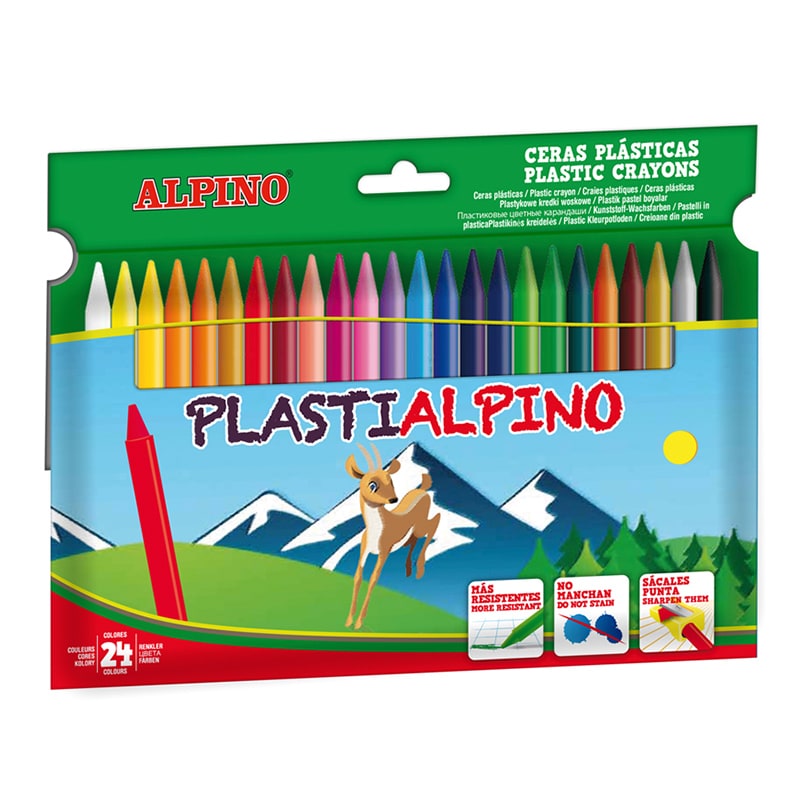 Alpino Pack de 24 Ceras PlastiAlpino para Nios - Material Resistente y No Mancha - Colores Brillantes - Colores Surtidos