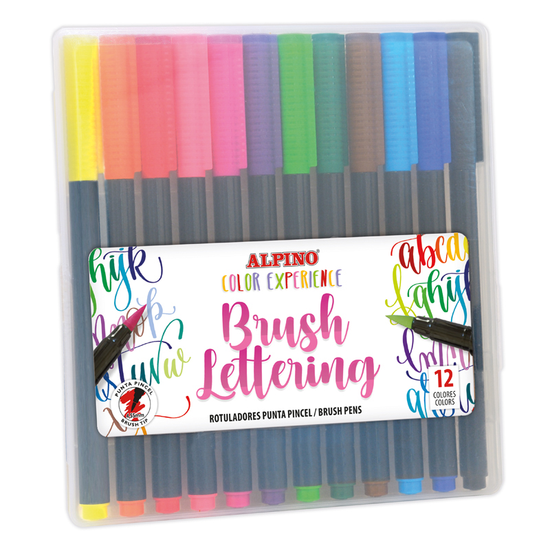 Alpino Color Experience Pack de 12 Rotuladores Brush Lettering - Punta Pincel de 4.55mm - Tinta Base Agua - Colores Vivos y Brillantes - Ideales para Lettering - Colores Surtidos