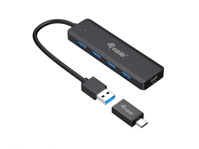 Equip Hub USB 3.2 Gen 1 con Adaptador USB-C - 4x Puertos USB 3.2 - Puerto de Alimentacion Adicional USB-C 5V/2A