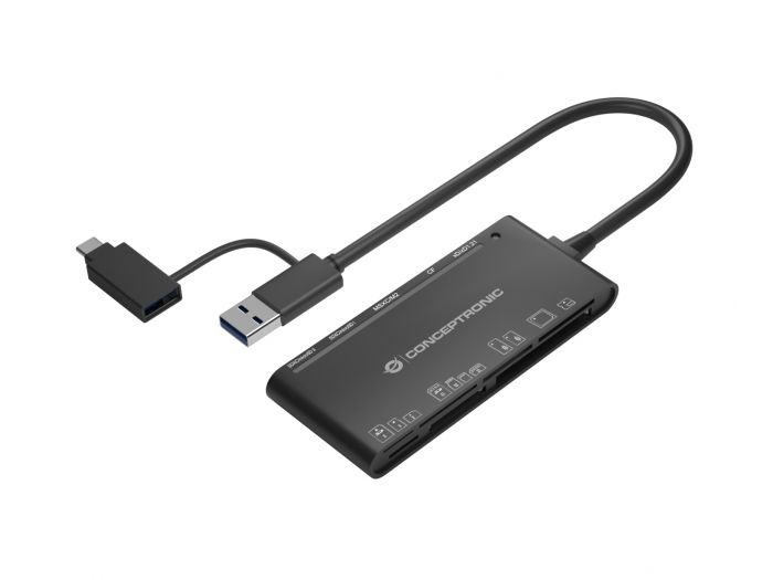 Conceptronic 7 en 1 Lector de tarjetas USB 3.0 con Adaptador USB-C con 2x SD/SDHC/SDXC, 1x  Micro SD/T-Flash, 1x MS, 1x M2, 1x CF, 1x xD