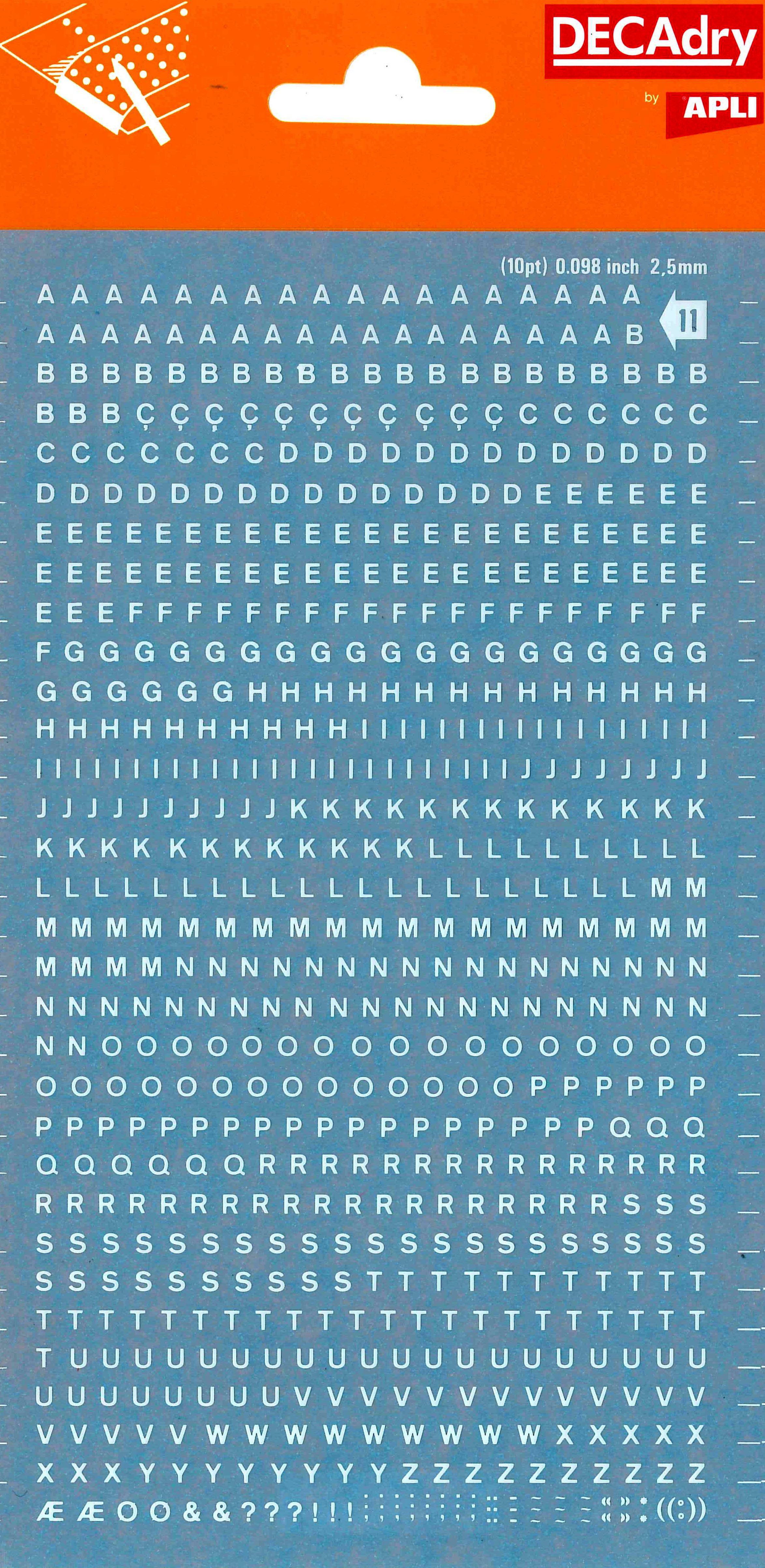 Apli Letras Transferibles Blancas 2.5mm - 730 Caracteres - Facil Aplicacion y Gran Adherencia - Versatil para Diferentes Superficies - Blanco