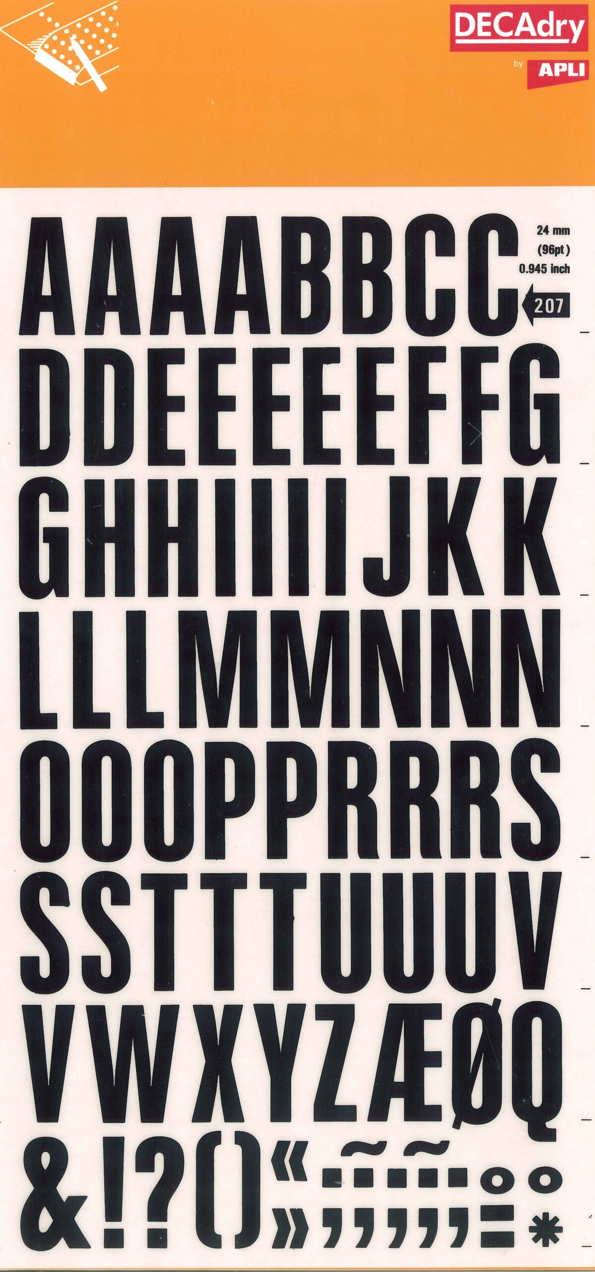Apli Letras Transferibles Super Negras 24mm - 86 Caracteres - Facil Aplicacion - Gran Calidad - Resistente al Agua - Negro